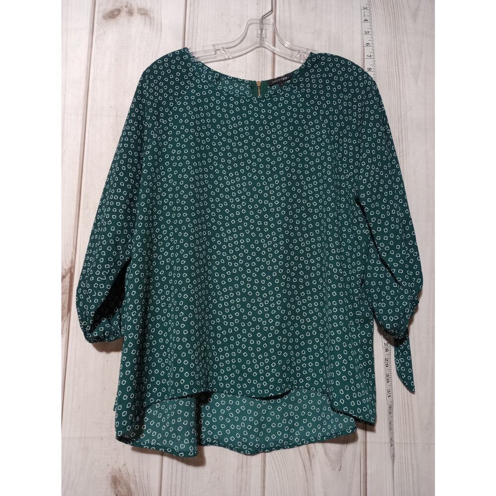 Papermoon Blouse Womens Large Green Geometric Chiffon Tie Sleeve Top Flowy